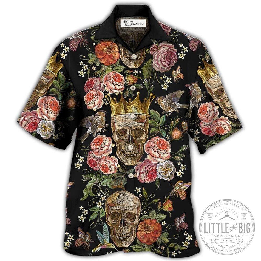 Skull And Crown Floral Pattern Black Hawaiian Shirt