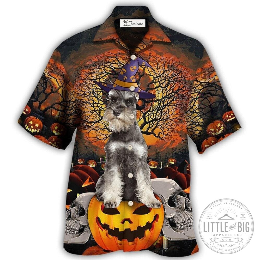 Halloween Schnauzer Dog Witch Hat Pumpkin Hawaiian Shirt