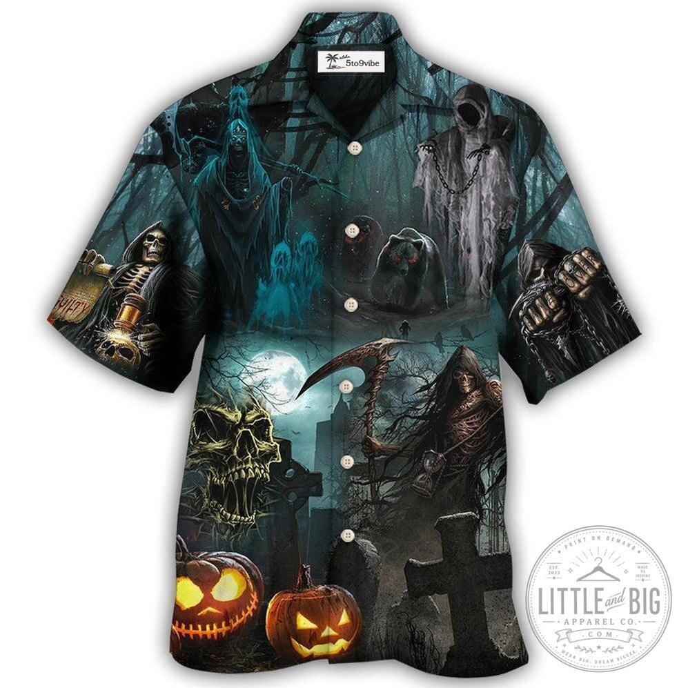 Halloween Ghost In The Dark Pumpkin Scary Grim Reaper Hawaiian Shirt