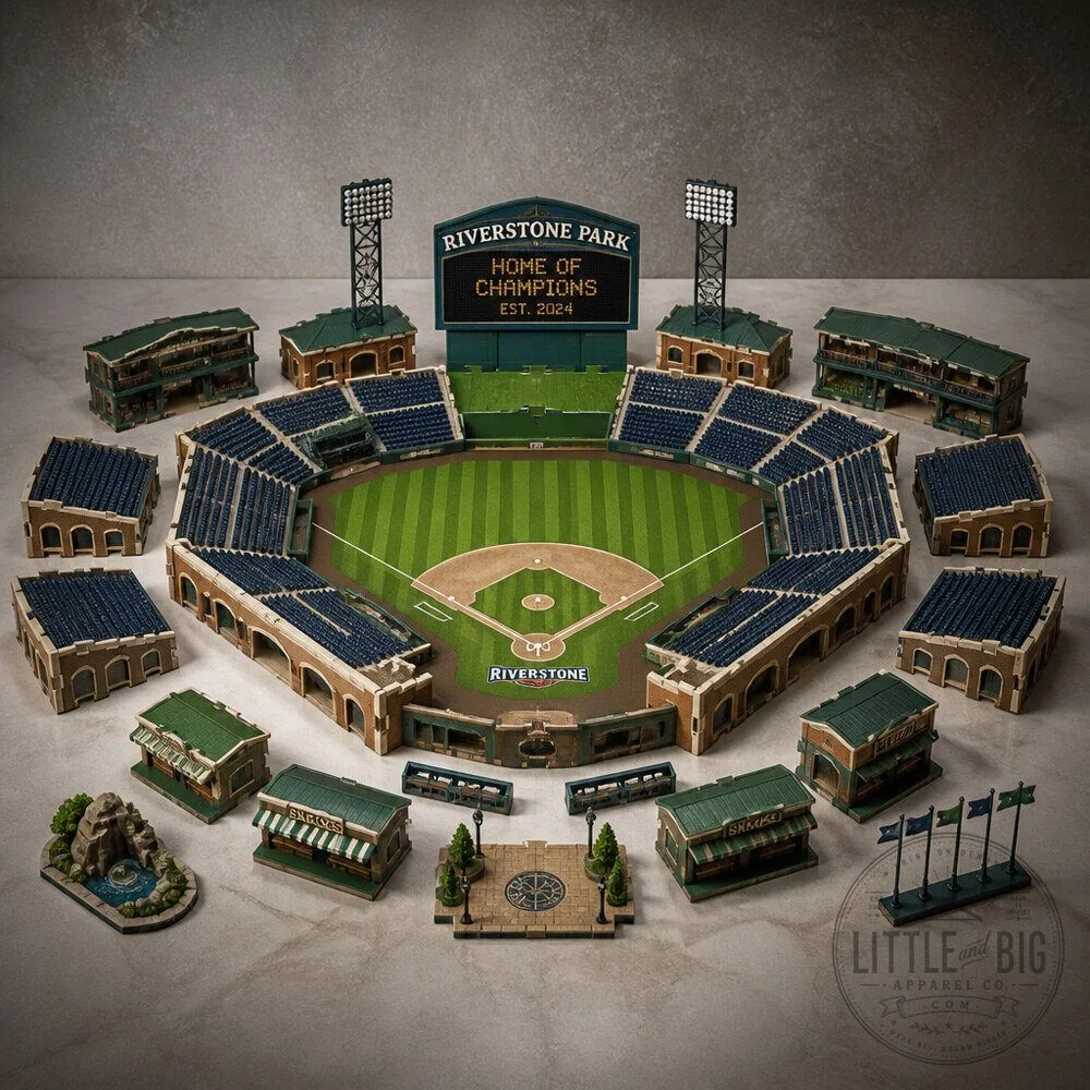 Modular Miniature Baseball Stadium Display With Interlocking Sections and Custom Ballpark Name